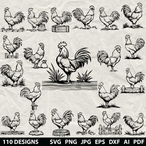 Pacchetto di 110 galli Svg, Dxf, Eps, Ai, Pdf, Jpg, Png Immagine in scala di grigi bruciata Vettoriale Taglio legno CNC Cricut Animali da fattoria Uccello Pollo Silhouette
