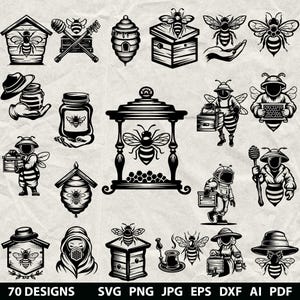 May include: A collection of black and white vector illustrations featuring bees, beehives, honey jars, and beekeepers in protective gear. The designs include various icons of apiary equipment, honey dippers, and honeycomb patterns on a textured background.