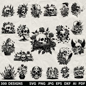 Könnte beinhalten: Eine Sammlung von 300 schwarz-weißen Schädeldesigns, jedes mit einzigartigen floralen und dekorativen Elementen. Die Schädel werden in verschiedenen Stilen dargestellt, einige mit Rosen, Flügeln oder Schmetterlingen. Der Text zeigt Dateiformate an: SVG, PNG, JPG, EPS, DXF, AI und PDF.