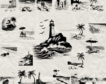 130+ Beach Bundle Svg, Dxf, Eps, Ai, Pdf, Jpg, Png Beach Life Grayscale Burn Image Cut Vector Cnc Wood Cut Cricut Summer Beach Silhouette