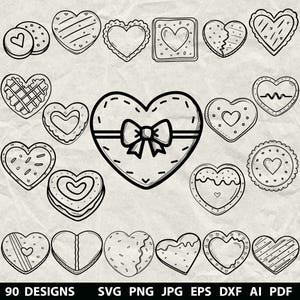 May include: Black and white line art illustrations of various heart shapes, including cookies and gift box designs. The image includes the text "90 DESIGNS" and file type options: SVG, PNG, JPG, EPS, DXF, and AI, PDF.