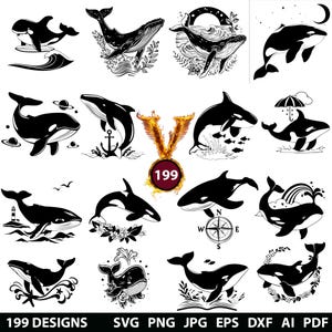 199 Wal svg, Dxf, Eps, Ai, Pdf, Jpg, Png Schwertwal Graustufen Brennen Bild Schnitt Vektor Cnc Holzschnitt Cricut Wal Silhouette Ozean Tiere