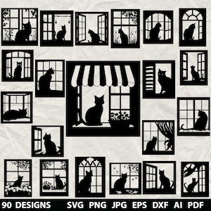 May include: Black silhouette designs of cats in windows. The image shows different cat poses, such as sitting and lounging, framed by various window styles. The image includes the text "90 DESIGNS" and file type abbreviations at the bottom.