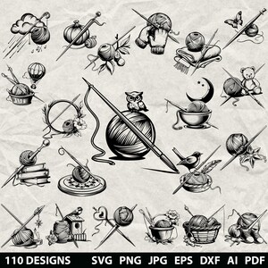 May include: A collection of black and white illustrations related to knitting and crochet. The image includes various depictions of yarn balls, knitting needles, and related objects, such as an owl, a bird, and a teddy bear. The text at the bottom reads "110 DESIGNS SVG PNG JPG EPS DXF AI PDF".