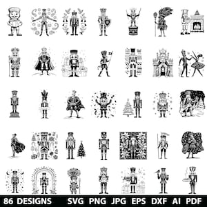 May include: A set of 36 black and white illustrations of nutcracker designs. The designs feature various poses and accessories, including a soldier, a king, a musician, and a dancer. The illustrations are perfect for crafting, scrapbooking, and other creative projects.