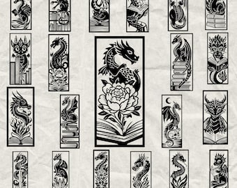 60 Book and Dragon Bookmark Bundle Svg, Dxf, Eps, Ai, Pdf, Jpg, Png Grayscale Burn Image Vector Cnc Wood Cricut Mystical Fantasy Silhouette