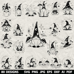 May include: Black and white digital art featuring 16 whimsical gnome designs. Each gnome is depicted in various poses, with mushroom caps and celestial elements. The text "80 DESIGNS" and file type abbreviations are at the bottom.
