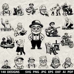 Plus de 140 fichiers grand-père Bundle Svg, Dxf, Eps, Ai, Pdf, Jpg, Png Grand-père en niveaux de gris gravure Image vectorielle Cnc coupe bois fichier Cricut grand-père Silhouette