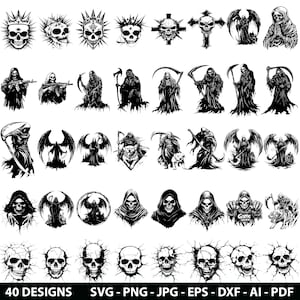 May include: A set of 40 black and white digital design files featuring various illustrations of the Grim Reaper, skulls, and crosses. The designs are perfect for creating t-shirts, mugs, stickers, and other merchandise.