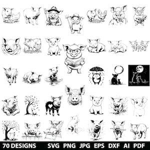 May include: A collection of 70 black and white illustrations of pigs in various poses. The pigs are depicted in a variety of settings, including farms, fields, and homes. Some of the pigs are wearing hats, glasses, and other accessories. The illustrations are perfect for use in crafting projects, scrapbooking, and other creative endeavors.