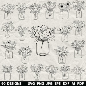 Op de afbeelding: Zwart-wit lijntekeningen van verschillende bloemstukken in weckpotten. De afbeelding bevat 90 ontwerpen, met tekst onderaan die bestandsformaten aangeeft: SVG, PNG, JPG, EPS, DXF, AI en PDF.