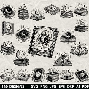 May include: A collection of black and white illustrations of books with celestial themes. The designs feature moons, stars, and suns. Some books are open, revealing planets and moons. The image includes the text "160 DESIGNS".