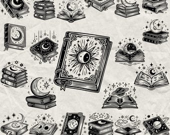 May include: Black and white illustrations of celestial-themed books. The books feature moons, stars, and suns. Some are open, displaying planets and moons. The image includes the text "160 DESIGNS" and file type abbreviations.