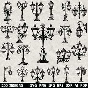 Könnte beinhalten: Eine Sammlung von schwarz-weißen Vektorillustrationen mit verschiedenen Straßenlaternen-Designs, einschließlich ein-, zwei- und dreiflammiger Konfigurationen. Der Text unten lautet 200 DESIGNS SVG PNG JPG EPS DXF AI PDF.