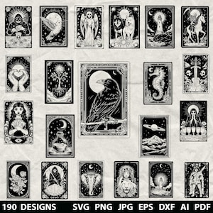 190 Tarot Cards Bundle Svg, Dxf, Eps, Ai, Pdf, Jpg, Png Halloween Grayscale Burn Image Cut Vector Wood Cut Cricut Spooky Gothic Silhouette