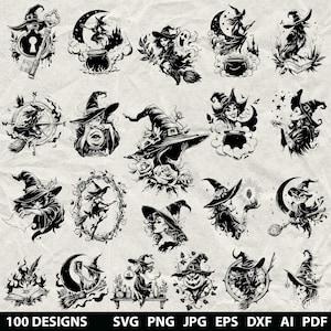 Może przedstawiać: Kolekcja 20 czarno-białych ilustracji o tematyce czarownic. Każdy projekt przedstawia czarownice, kapelusze czarownic, kotły, miotły i inne mistyczne elementy. Tekst na dole brzmi "100 DESIGNS SVG PNG JPG EPS DXF AI PDF".