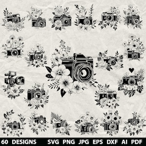 May include: A collection of 60 black and white camera designs, each adorned with floral arrangements. The cameras vary in style, some with lenses and others with video camera designs. The bottom of the image displays the text "60 DESIGNS" and file type options.