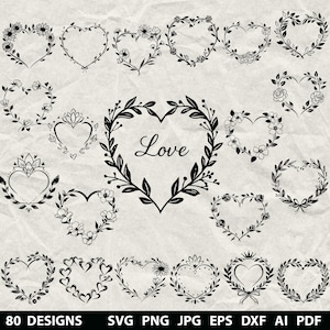 80 Heart Wreath Svg, Dxf, Eps, Ai, Pdf, Jpg, Png Grayscale Burn Image Cut Vector Cnc Wood Cut Cricut Floral Valentine's Day Silhouette