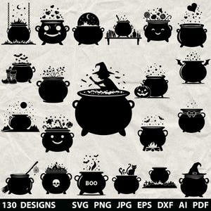 May include: A collection of 130 black cauldron designs in SVG, PNG, JPG, EPS, DXF, AI, and PDF formats. The designs feature various cauldron illustrations with different themes, including Halloween, witches, and magical elements.