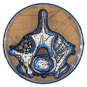 Puede incluir: Un recipiente redondo y transparente con un borde azul y un fondo marrón. El recipiente contiene un diseño abstracto azul y blanco que se asemeja a una vértebra. El diseño está lleno de patrones y detalles intrincados.