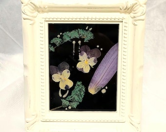 Pansy forsythia handmade pressed floral arrangement with glow in the dark peeping eyes-gift for nature lover, botanical enthusiast, gardener