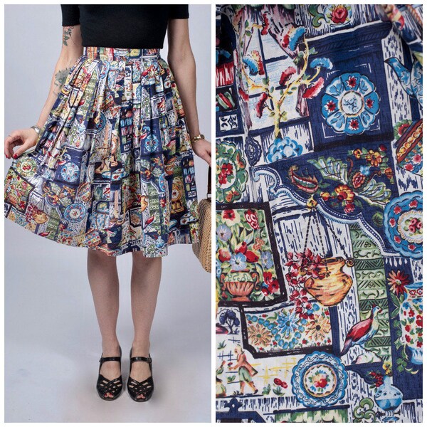 Vintage 1950's Novelty Print Cotton Skirt by Teacher's Pet/ 50's Blue China Border Print Flared Skirt Size X-small