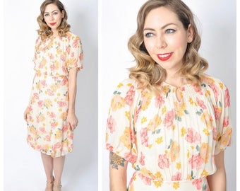 Vintage 1930's Floral Chiffon Dress With Puff Sleeves/ 30's Floral Day Dress Size Small
