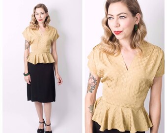 Vintage 1940's Gold and Black Peplum Dress/ 40's Rayon Colour Block Dress Size Small