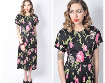 Vintage 1940's Rose print Rayon Jersey Dress/ 40's Floral Print Dress Size Large
