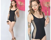 Vintage 1960 39 s Black Scandal Swimsuit 60 39 s One Piece Mesh Side Swimwear Bathing Suit Size X-small