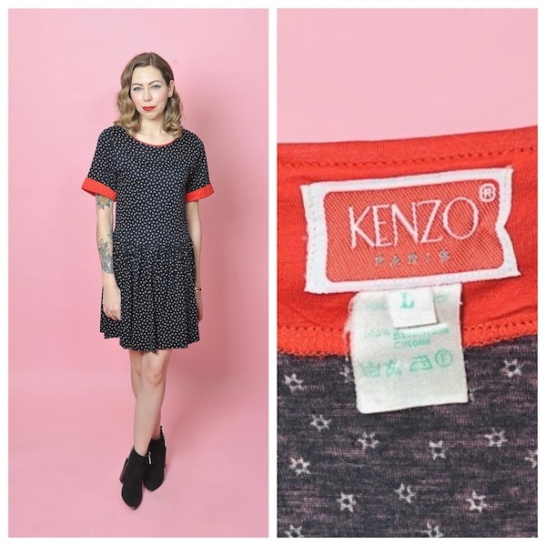 Late 1970's/ Early 1980's Kenzo Star Print Dress/ 70s/ 80s Designer Printed Jersey Dress Size X-small/ Small