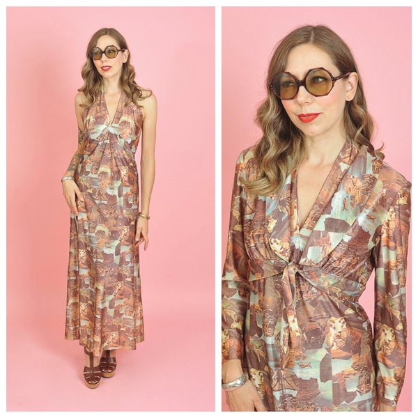 1970's Safari Photo Print Maxi Halter Dress and Jacket Set/70's Animal Print Dress Set Size Small