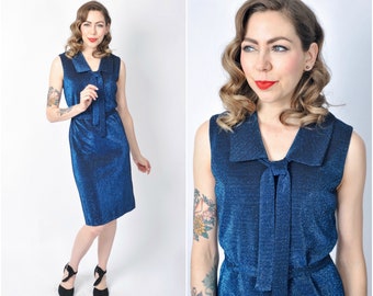 Vintage 1960's Blue Lurex Shift Dress Size Small