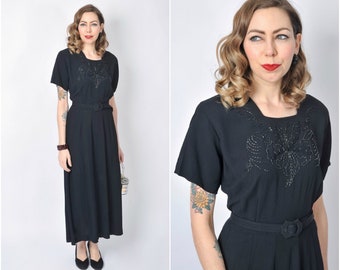 Vintage 1940's Beaded Black Rayon Long Dress/ 40's Evening Gown Size Large