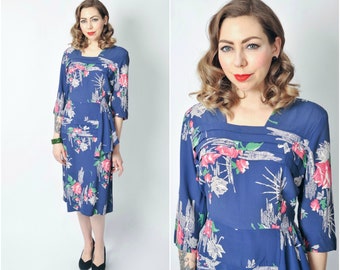 Vintage 1940's Rose Print Rayon Dress/ 40's Floral Printed Rayon Dress Size Large/ X-large