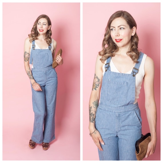 1970s Wide Leg Denim Overalls/ 70s Flared Jean Ove