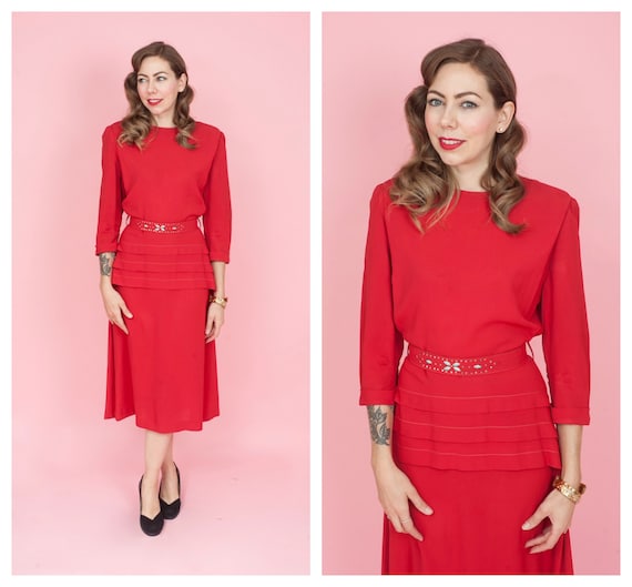 1940s Red Rayon Dress with Matching Studded Belt S
