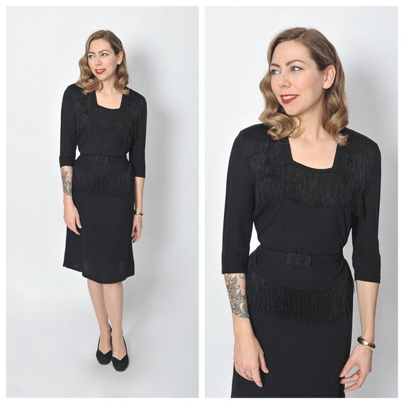 1940s Black Rayon Dress with Fringe Trim/ 40s Frin