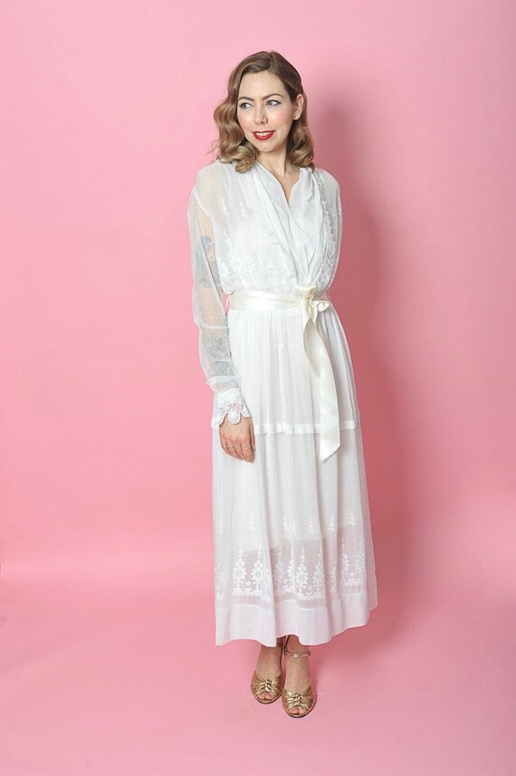 1910's White Cotton Voile Embroidered Day Dress S… - image 7