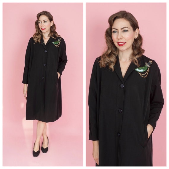 Late 1940s Black Gabardine Swing Coat/ 40s A-line