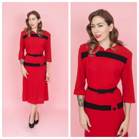 1940's Lipstick Red and Black Rayon Colour Block D