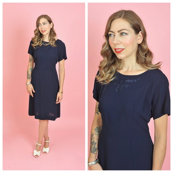 1940s Navy Rayon Day Dress with Ribbon Embroidery
