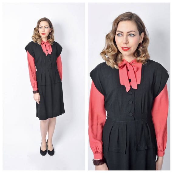 Vintage 1940's Black and Pink Rayon Dress/ 40's Co