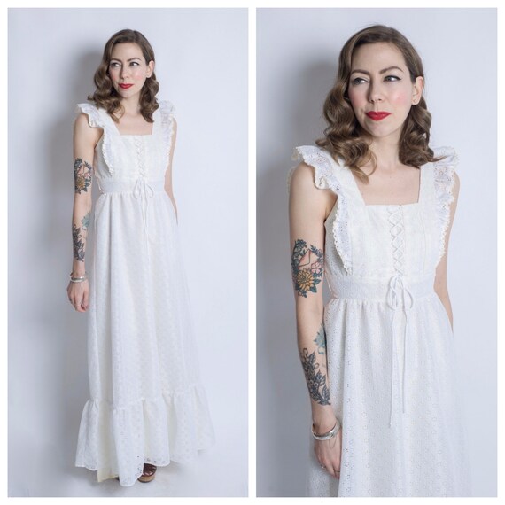 Vintage 1970's Long White Lace Maxi Dress/ 70's Wh