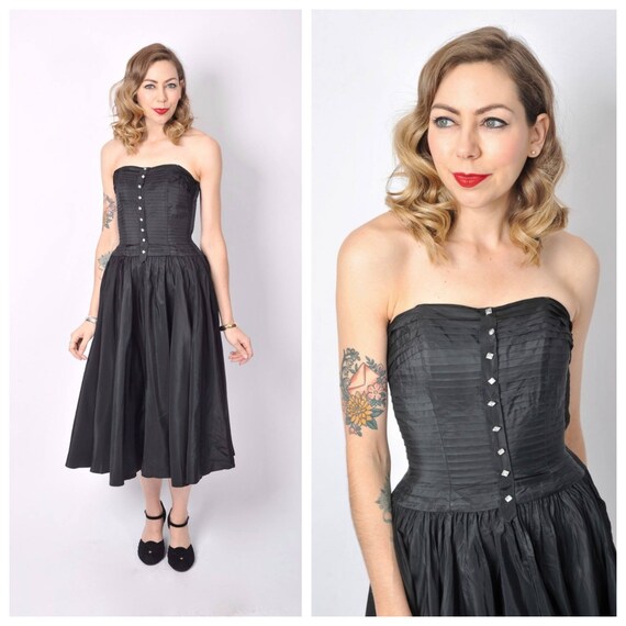 black strapless fit and flare dress