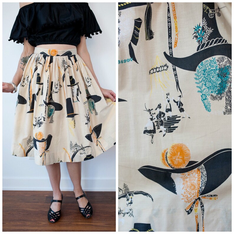 Vintage 1950's Novelty Print Skirt/ 50's Printed Etsy
