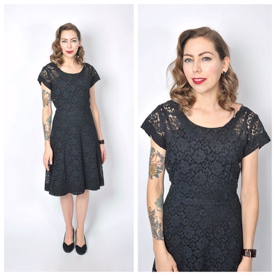 Vintage 1950s Black Lace Dress/ 50s Lace Day Dress