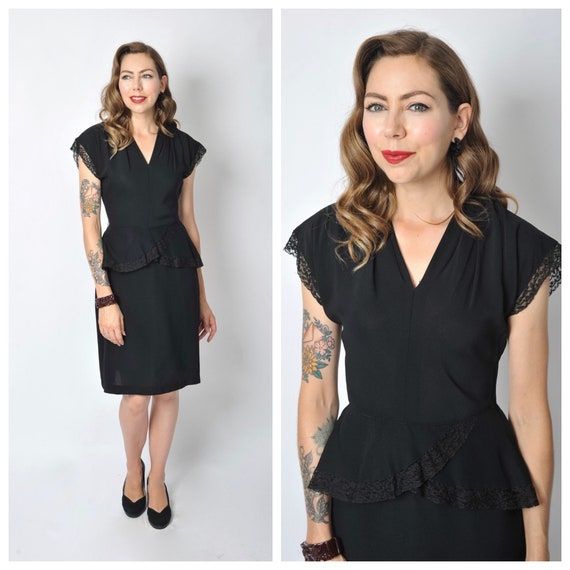 Vintage 1940's Black Rayon and Lace Trim Peplum Dr