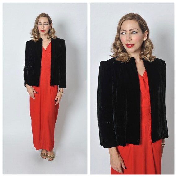 1940s Black Velvet Short Jacket Topper/ 40s Evenin