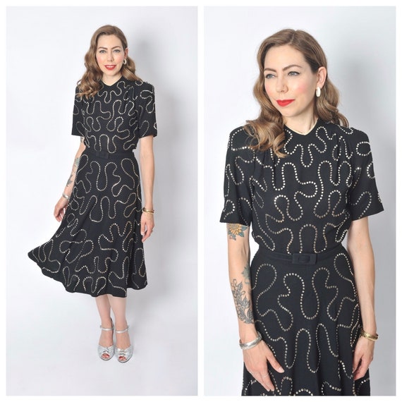 Vintage Early 1940's Silver Studded Dress/ 40's Bl